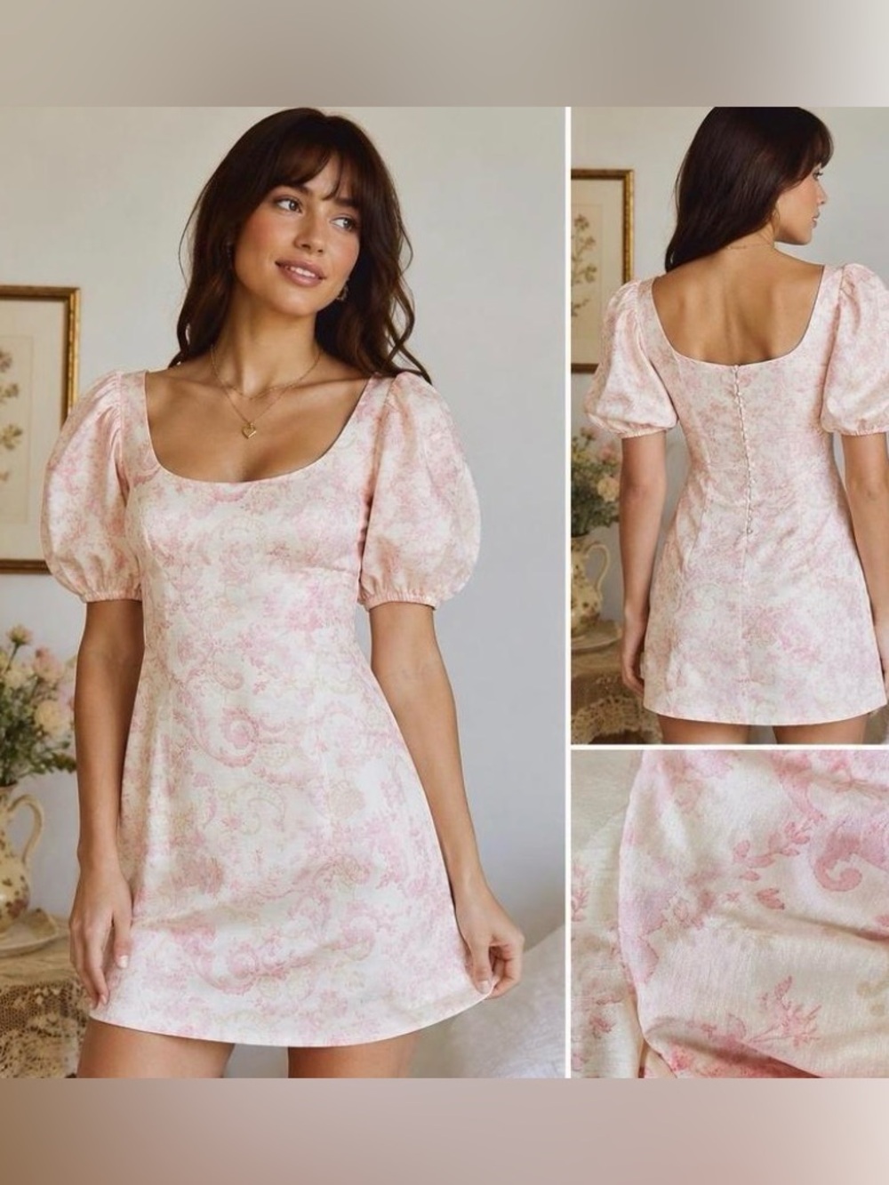 Urban Outfitters Pink and Cream Puff Sleeve Mini Dress